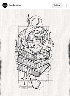 a black and white drawing of books stacked on top of each other