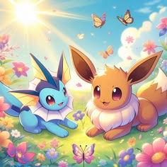 two pokemons are sitting in the grass with flowers and butterflies around them, one is looking at the camera