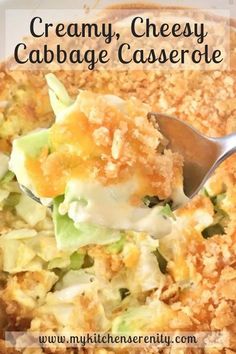 creamy cheesy cabbage casserole with a spoon in it