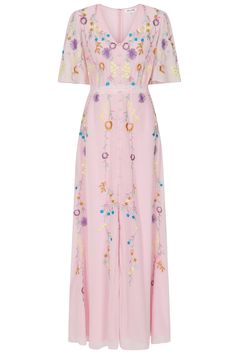 Irisa Embroidered Button Through Maxi Dress - Blush Pink Small Frocks, Blue Frock, Blush Pink Maxi Dress, Cape Dresses, Frock And Frill, Embellished Midi Dress, Dresses Date Night, Embellished Maxi Dress, White Long Sleeve Dress