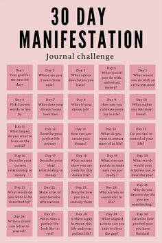 30-Day Manifestation Challenge. Journal prompts to figure out your dreams and how to manifest them ✨#manifestation #journalprompts #dreamlife 30 Day Journal Challenge Healing, Manifesting In Journal, How To Create A Manifestation Journal, How To Manifest Good Health, Manifestation Writing Prompts, 35 Journal Prompts, 30 Day Manifesting Challenge, Manifesting In 2025, 30 Self Care Challenge