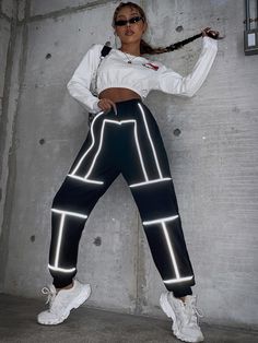 Black Sporty   Polyester  Tapered/Carrot Embellished Non-Stretch Spring/Summer/Fall Women Bottoms Reflective Outfit Festival, 90s Raver Fashion, Dance Competition Costumes Hip Hop, Hyperspace Outfit, Hip Hop Dance Outfits Women, Neon Dance Outfit, Reflective Rave Outfit, Hip Hop Outfits Dancers, Comfy Rave Outfit