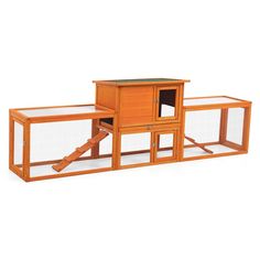 an orange chicken coop with stairs to the top and side doors open on white background