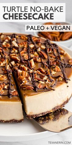 a white plate topped with a cheesecake covered in nuts