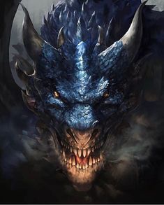 a close up of a dragon's face with large horns and big fangs on it