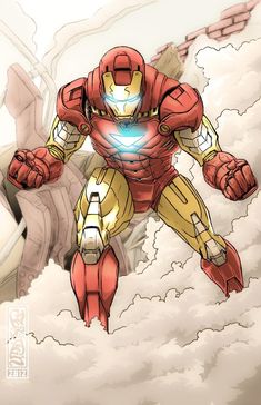 an iron man standing in the clouds with his arms out and eyes wide open as if he is ready to strike