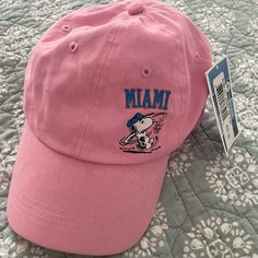 Pink Miami Baseball Cap, Snoopy Themed, Nwt, Velcro Back Closure Yankees Cap Aesthetic, Snoopy Baseball, Cap Aesthetic, Yankees Cap, Cap Designs, Dad Hats, Baseball Cap, Pink Ladies, Vision Board