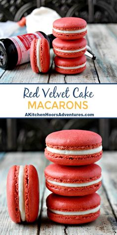 red velvet cake macarons are stacked on top of each other and one is cut in half