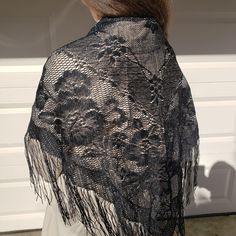 Vintage With Tags (Vwt) Black Shawl That Is Either Knitted Or Crocheted. 72 Inches Along The Longest Side. The Design Has Floral Shapes, A Border And A 7 Inch Long Fringe. Fabric Content: 90% Rayon, 10% Metallic. The Metallic Is Silver Threads Running Through The Black. Care Instructions: Hand Wash, Luke Warm, Line Dry. Offered By 5-Star Rated Posh Ambassador And Fast Shipper. Black Crochet Shawl, Pumpkin Tutorial, Pumpkin Crochet, Crocheted Shawl, Lace Poncho, Gold Scarf, Fringe Fabric, Floral Shawl, Whimsy Goth