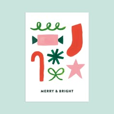 a christmas card with the words merry and bright written in red, green, and pink