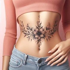 a woman's stomach with flowers and leaves tattooed on the side, in front of a pink background