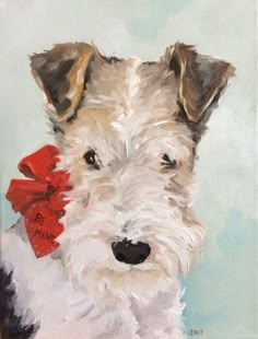 a painting of a white dog with a red bow