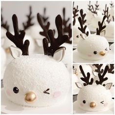 there are three pictures of white and brown reindeer decorations