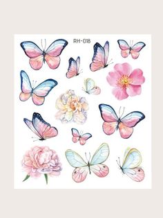 butterflies and flowers are shown in this watercolor painting on white paper with pink roses