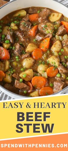 beef stew with carrots, potatoes and peas in a white bowl on top of a table