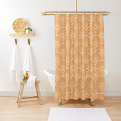 Japanese Kiku Shower Curtain - White and Orange Asian Bathroom Decor, Toile Shower Curtain, Japanese Shower, Asian Bathroom, Japan Design, Live Happy, Patterned Shower Curtain, Wet Rooms, Back To Nature