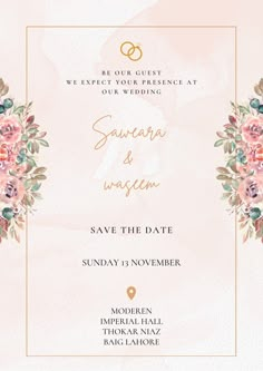 a wedding card with flowers on the front and bottom, in gold foil lettering that reads save the date