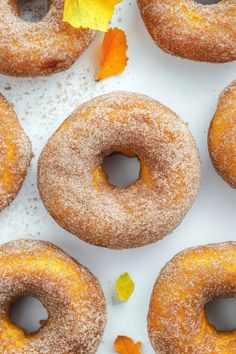 several sugared donuts are arranged on a white surface with autumn leaves around them