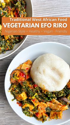 a white plate topped with food next to a bowl filled with rice and veggies