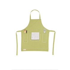 a green apron with two utensils hanging from it's front and side pockets