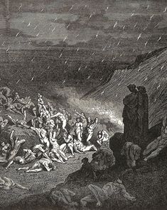 this is an old illustration of people on the ground in front of a large body of water