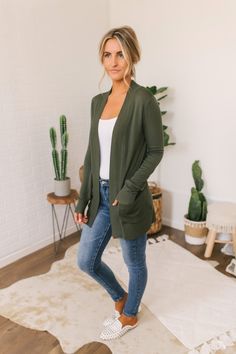 Cardigan Outfits Work, Long Green Cardigan Outfit, Green Long Sleeve Cardigan For Everyday, Casual Green Cardigan With Pockets, Olive Green Cardigan Outfit, Olive Green Outfits, Trendy Green Button-up Cardigan, Green Long Sleeve Everyday Cardigan, Intentional Wardrobe