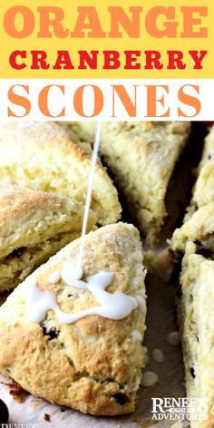 orange cranberry scones with white icing on top and text overlay that reads, orange cranberry scones