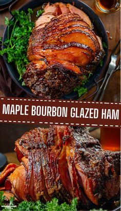 This Maple Bourbon Glazed Ham is a juicy spiral ham coated in tangy Dijon mustard, a sweet barbecue rub, and a rich bourbon maple glaze. It is sure to be a show-stopping centerpiece for any occasion! I plan on adding it to my Thanksgiving menu this year. Party Food Main Dish, Brown Sugar Glazed Ham, Easy Ham Recipes, Sugar Ham, Brown Sugar Ham, Ham Glaze Brown Sugar, Bourbon Glaze, Glazed Ham, Brown Sugar Glaze