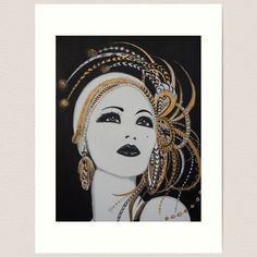 an art print with a woman's face in gold and white, on a black background