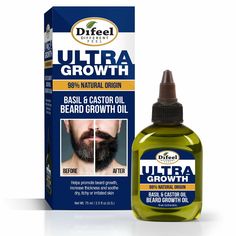 Difeel Mens Ultra Growth Basil and Castor Beard Oil contains a powerful blend that will stimulate your beard hair growth. Increases strength to your hair for healthy, nourishing results. Castor oil improves blood circulation at the scalp, ensuring better nutrition for the hair follicles. Basil is extremely beneficial to speed up hair growth.    Massaging basil oil improves circulation to the underlying skin, that stimulates hair follicles and promotes the production of new healthy hair. Boost yo Beard Growth Oil, Basil Oil, Stimulate Hair Follicles, Beard Hair, Natural Man, Oil Hair, Beard Growth, Stimulate Hair Growth, Growth Oil