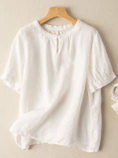 Women's Cotton Linen Shirt Short Sleeve Crew Neck Graceful Linen Blouse Relaxed Fit Crew Neck Blouse For Daywear, Solid Crew Neck Tops For Daywear, Solid Color Short Sleeve Relaxed Fit Blouse, Solid Color Short Sleeve Blouse With Relaxed Fit, Solid Color Relaxed Fit Short Sleeve Blouse, Relaxed Fit Solid Color Short Sleeve Blouse, Casual Crew Neck Blouse For Daywear, Short Sleeve Linen Tops For Daywear, Linen Short Sleeve Tops For Daywear