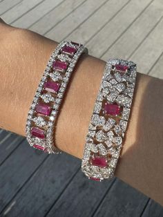 For Sale on 1stDibs - Indulge in the ultimate luxury with our 18k Diamond and Ruby Bracelet. Crafted from 18k white gold and adorned with 3.85 carats of dazzling diamonds and Diamond Ring Collection, Cocktail Bracelet, Diamond Pendants Designs, Contemporary Engagement Rings, Ruby Bracelet, Modern Bracelets, Diamond Pendants, Ring Collection, Sapphire Bracelet