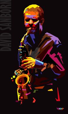 a man is playing the saxophone on a black background with colored lines and shapes around him