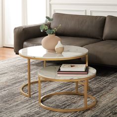 a living room with a couch, coffee table and rug on the floor in front of it