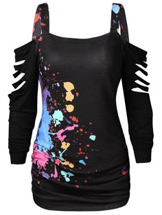 Halloween Cold Shoulder Blood Splatter T-Shirt - Black - 3H94409810 - Original Design-Women's Clothing  #OriginalDesignWomensClothing #Original #DesignWomen's #Clothing Blood Splatter, Fashion Site, Fashion Materials, Gothic Outfits, Really Cute Outfits, Dresses Shoes, Edgy Outfits, Trendy Tshirts, Character Outfits