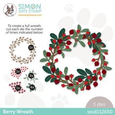 the berry wreath applique is shown in three different colors and sizes, including red berries