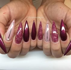 February Nails Ideas Stiletto, Stelito Nails, Gold Stiletto Nails, Bright Pink Nails, Pink Chrome Nails, Pink Gel Nails, September Nails, Punk Nails, Long Acrylic Nail Designs