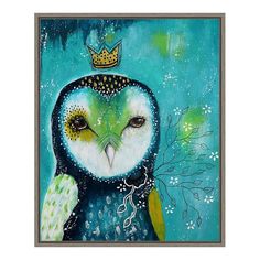 an owl with a crown on it's head is shown in blue and green