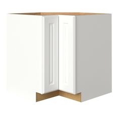 a white cabinet with two doors and one door open to reveal the kitchen's cupboard space