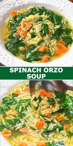 spinach orzo soup with noodles and carrots in a white bowl