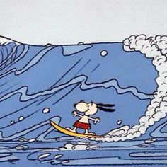 a cartoon character riding a surfboard in the ocean