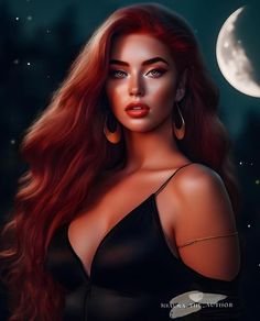 a woman with long red hair standing in front of a full moon and wearing large hoop earrings