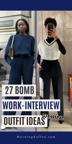 two women standing next to each other with the words 27 bomb work - interview outfits