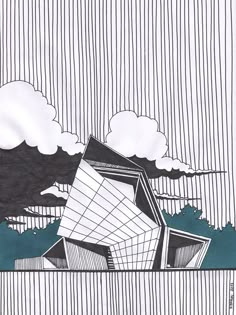 a drawing of a building with clouds in the background