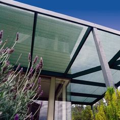 an awning on the side of a building with lavenders in front of it