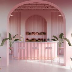 a pink bar with chairs and plants in it