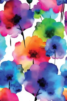 watercolor flowers on a white background with blue, pink and green colors in the middle