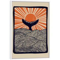 an orange and black poster with a whale jumping out of the water in front of a sun