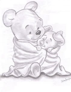 a drawing of winnie the pooh holding a teddy bear