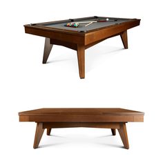 the pool table is made from wood and has two different angles to fit into it